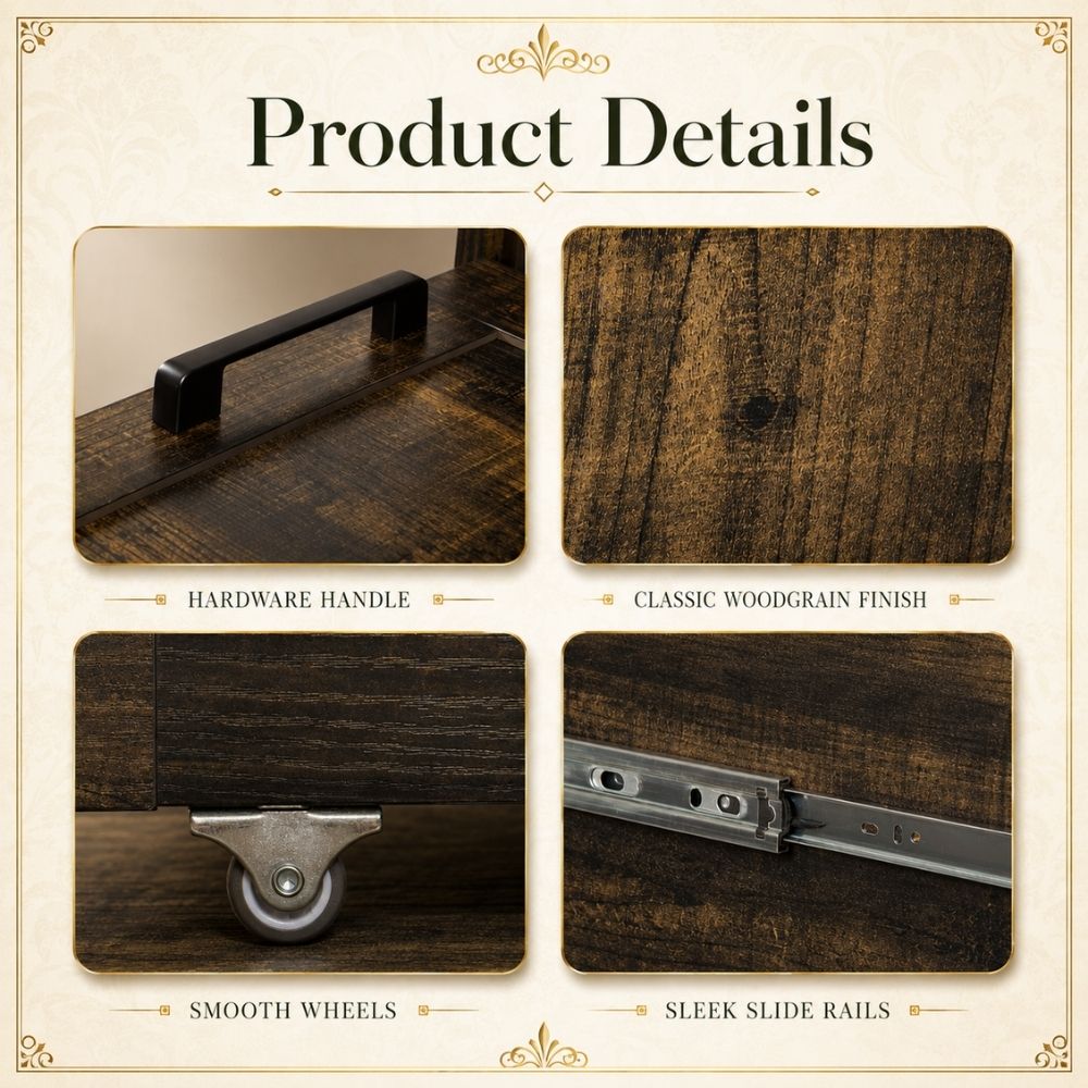 Product details infographic showing close-up views of a dark wood furniture piece, including a black hardware handle, classic woodgrain finish, smooth wheels, and sleek slide rails, under the heading 'Product Details'.