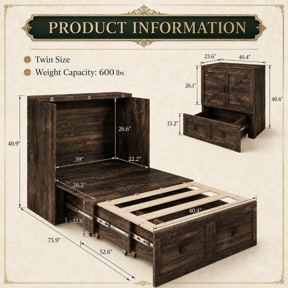 Product information graphic for a twin-size rustic wooden bed frame with built-in storage drawers and a side headboard. The image shows the bed assembled in a dark brown finish, with dimension labels and text noting twin size and 600 lbs weight capacity.