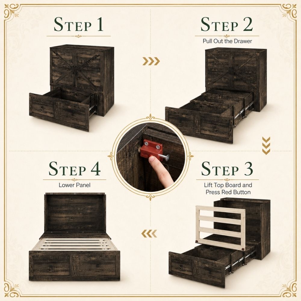 Instructional diagram showing steps to disassemble a dark brown wooden storage chest or bed frame: Step 1 shows the full unit, Step 2 shows the drawer pulled out, Step 3 shows the top panel lifted with a red tool, and Step 4 shows the lower panel removed.