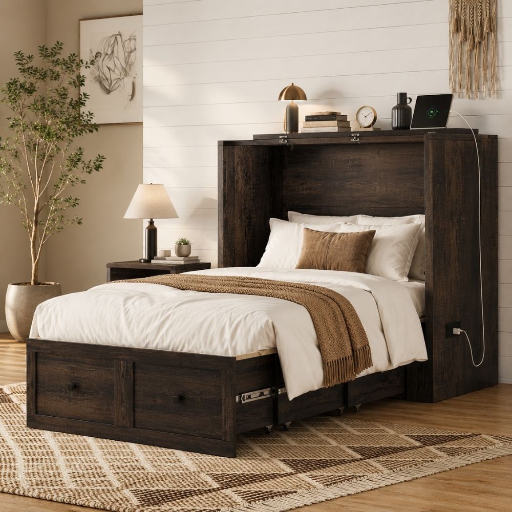 A dark brown wooden bed frame with a built-in headboard and storage drawers, styled with white bedding and a brown throw blanket in a modern bedroom setting.