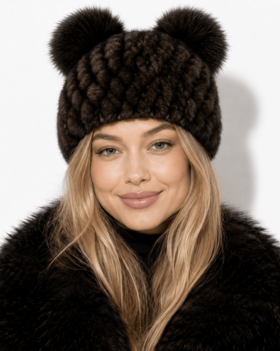 A woman wearing a dark brown chunky knit beanie with two large pom-poms on top, paired with a matching dark brown faux fur coat against a plain white background.