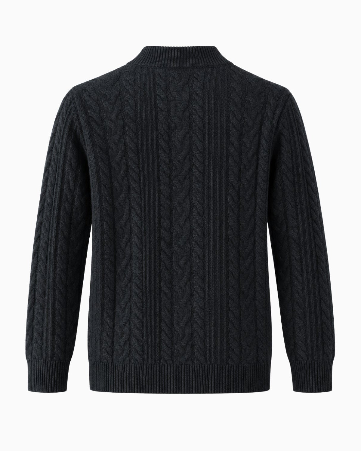 A dark navy blue cable-knit sweater shown from the back, featuring a ribbed mock neck, cuffs, and hem, set against a plain white background.