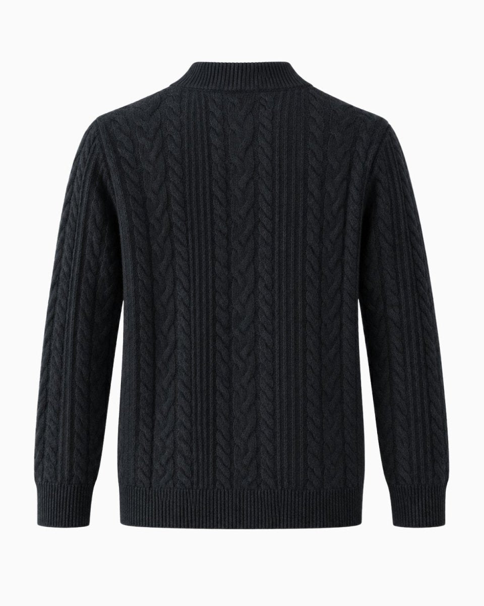 A dark navy blue cable-knit sweater shown from the back, featuring a ribbed mock neck, cuffs, and hem, set against a plain white background.
