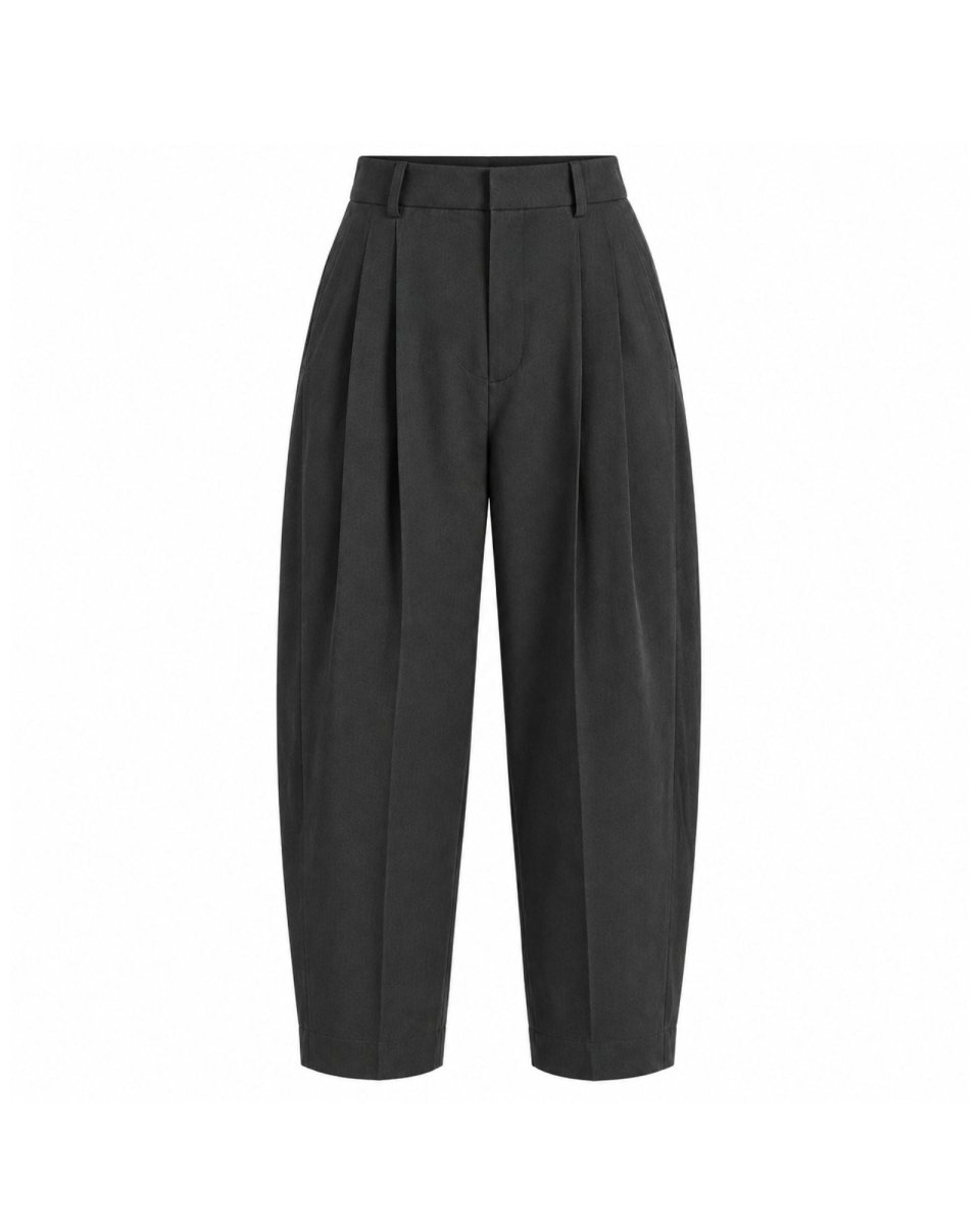 A pair of dark charcoal gray wide-leg cropped trousers with pleated detailing down the front, shown against a plain white background.