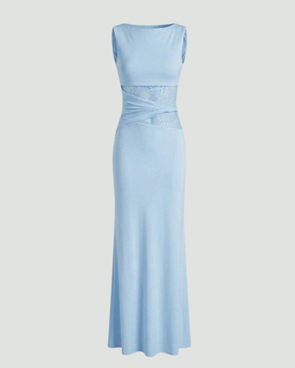 Product flat lay of the light blue Deborah gown, front view, detailing the criss-cross fabric and sheer lace inserts at the waist.