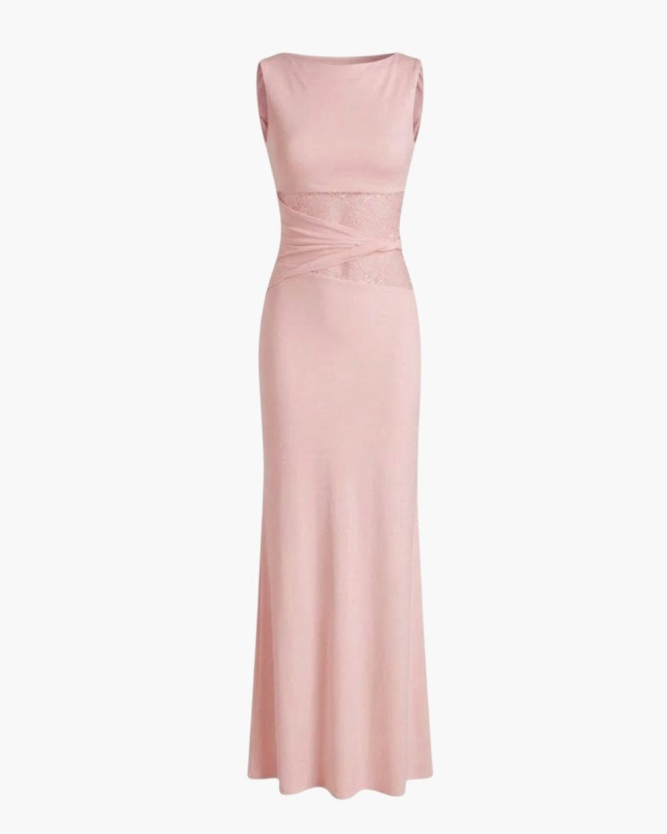 Product-only image of the deborah pink formal gown, displaying the bateau neckline and lace wrap waist detail.
