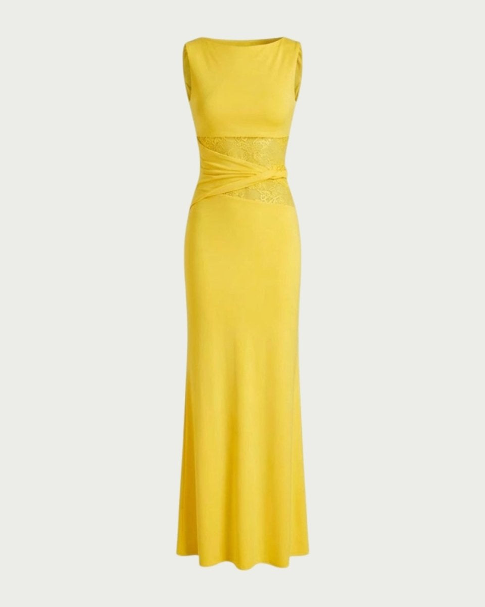 Flat lay product image of the front of a sleeveless yellow bodycon midi dress with asymmetrical sheer lace inserts at the waist.