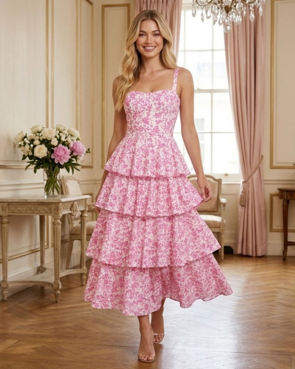 A woman modeling a pink floral tiered maxi dress in an elegant room with pink curtains, wooden floors, and a chandelier.