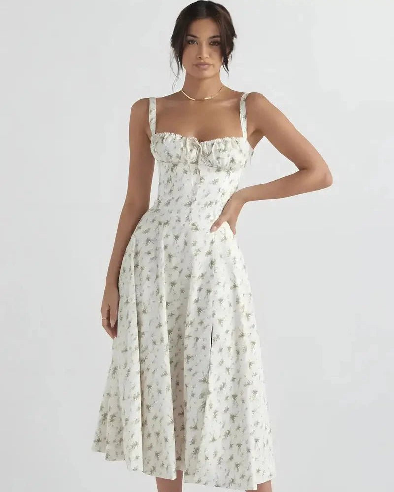 Woman wearing a floral dress on a white background