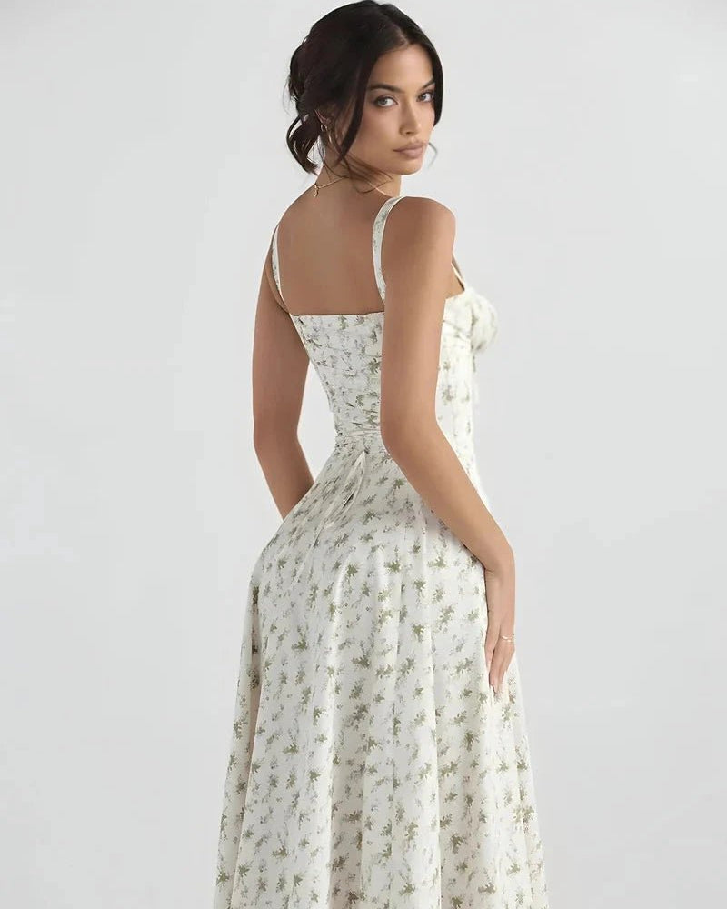 Woman wearing a floral dress on a white background