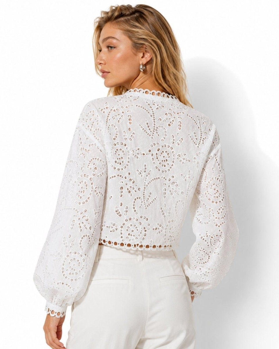 Back view of the Fenlo Form scalloped edge white eyelet top highlighting intricate floral lace patterns and cropped hemline.