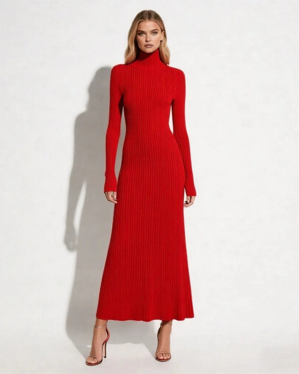Model wearing the Dianne red ribbed knit turtleneck maxi dress, showcasing its full-length A-line silhouette and long sleeves.