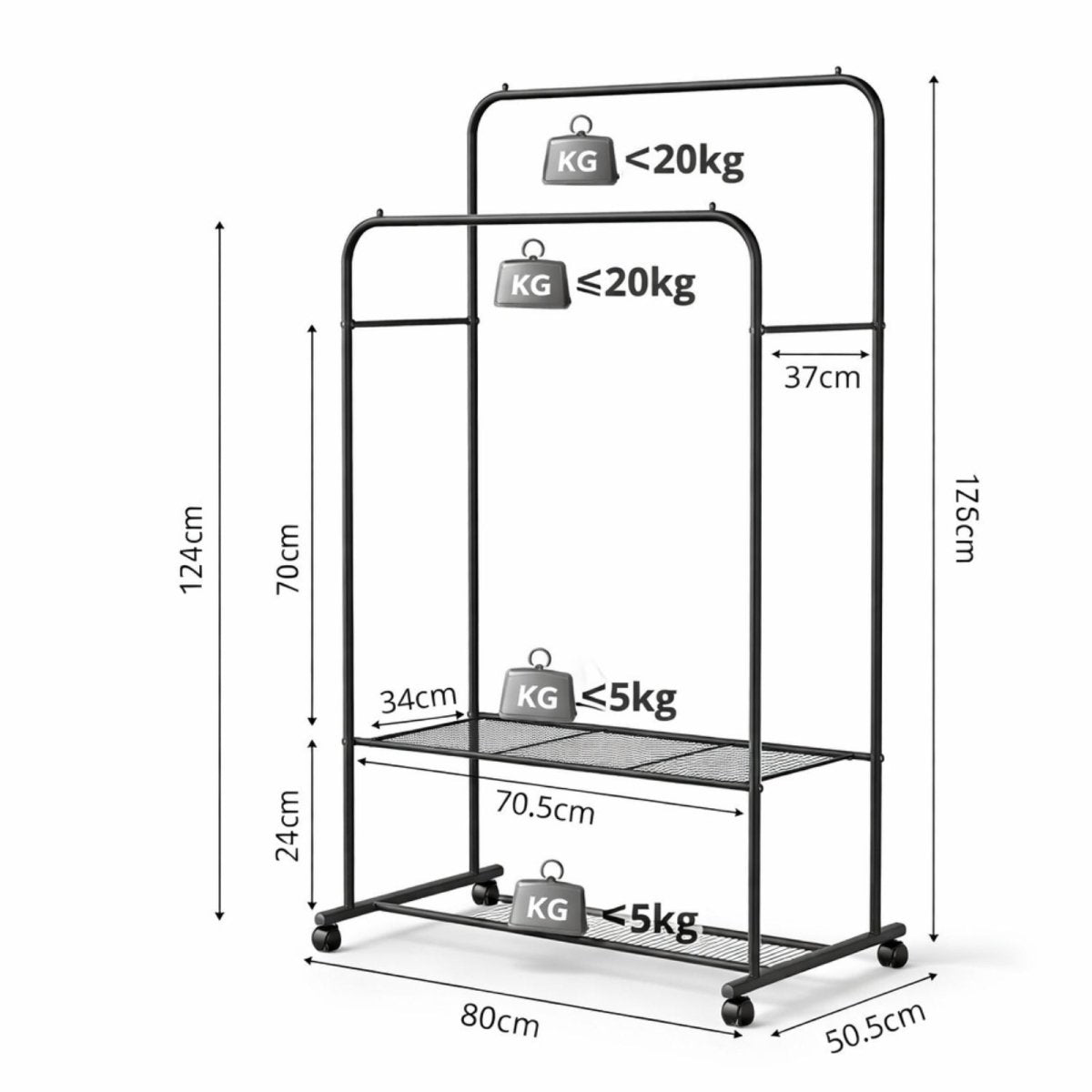 A detailed diagram of the black garment rack showing its dimensions in centimeters and its weight capacity in kilograms for the hanging rods and shelves.