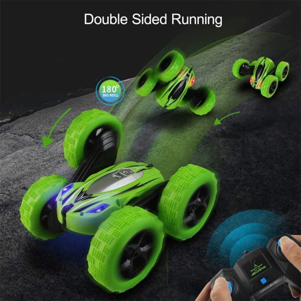 Infographic demonstrating the Kouvr RC stunt car's ability to flip 180 degrees and continue driving on its other side.