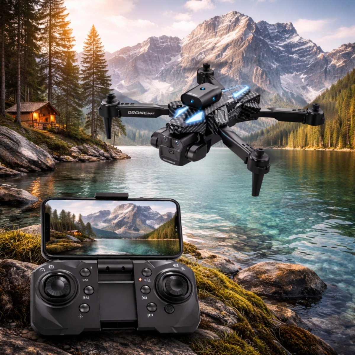 A professional Drone Max quadcopter with bright blue lights hovering over a turquoise mountain lake near a scenic log cabin at sunset.