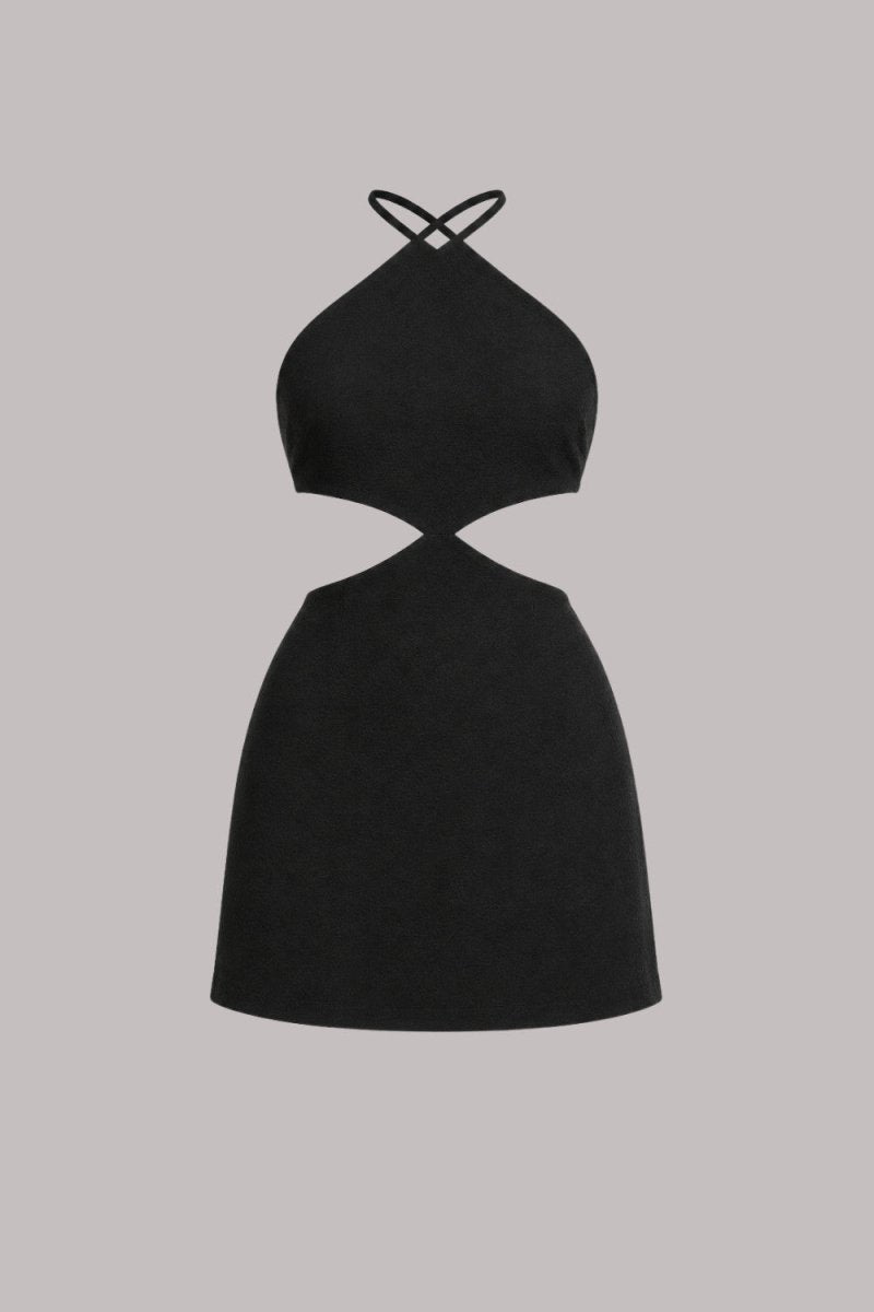 A black halter-neck dress with a cutout at the waist, shown against a solid gray background.