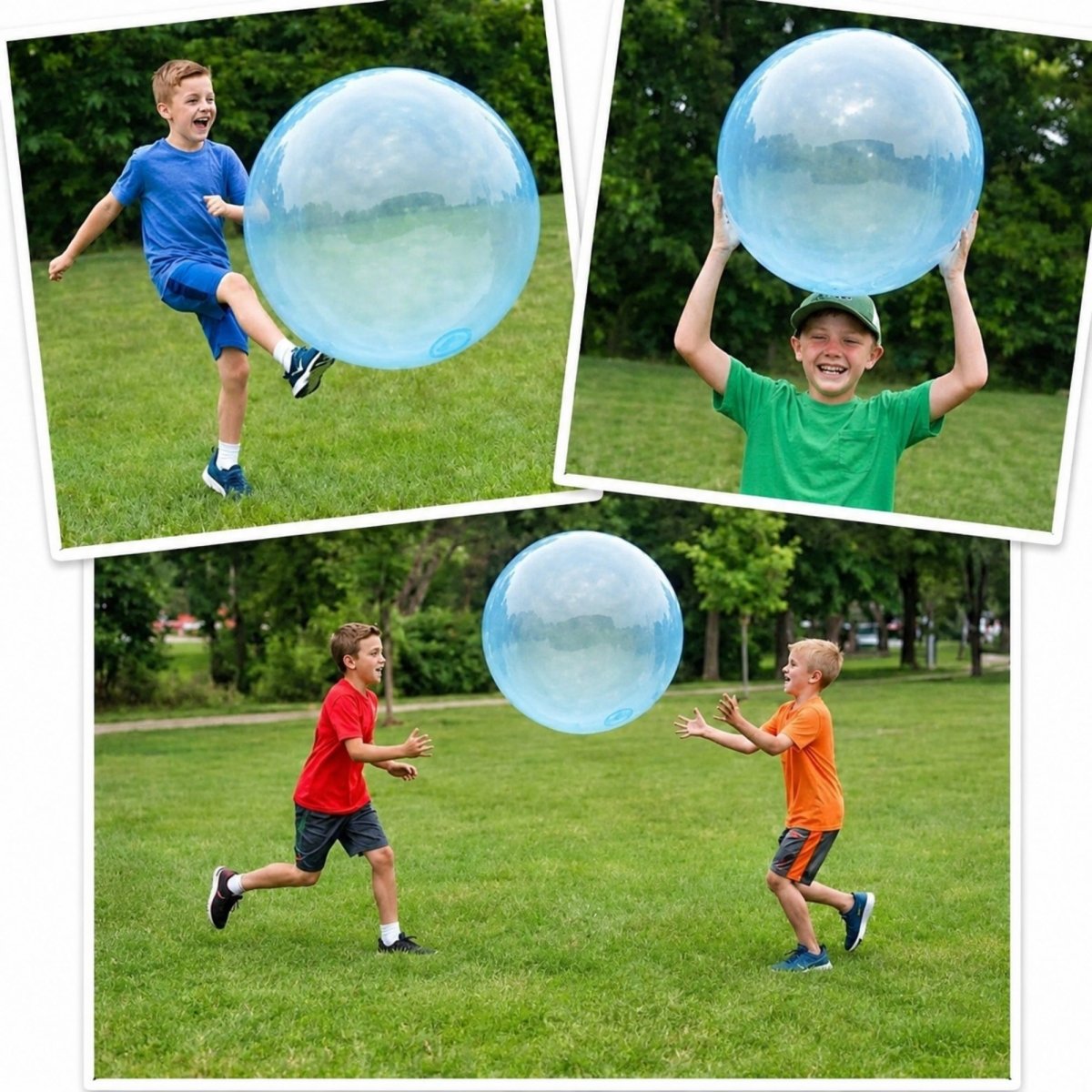 A collage showing a boy kicking, throwing, and catching a giant blue bubble ball, demonstrating the toy's durability for active play.