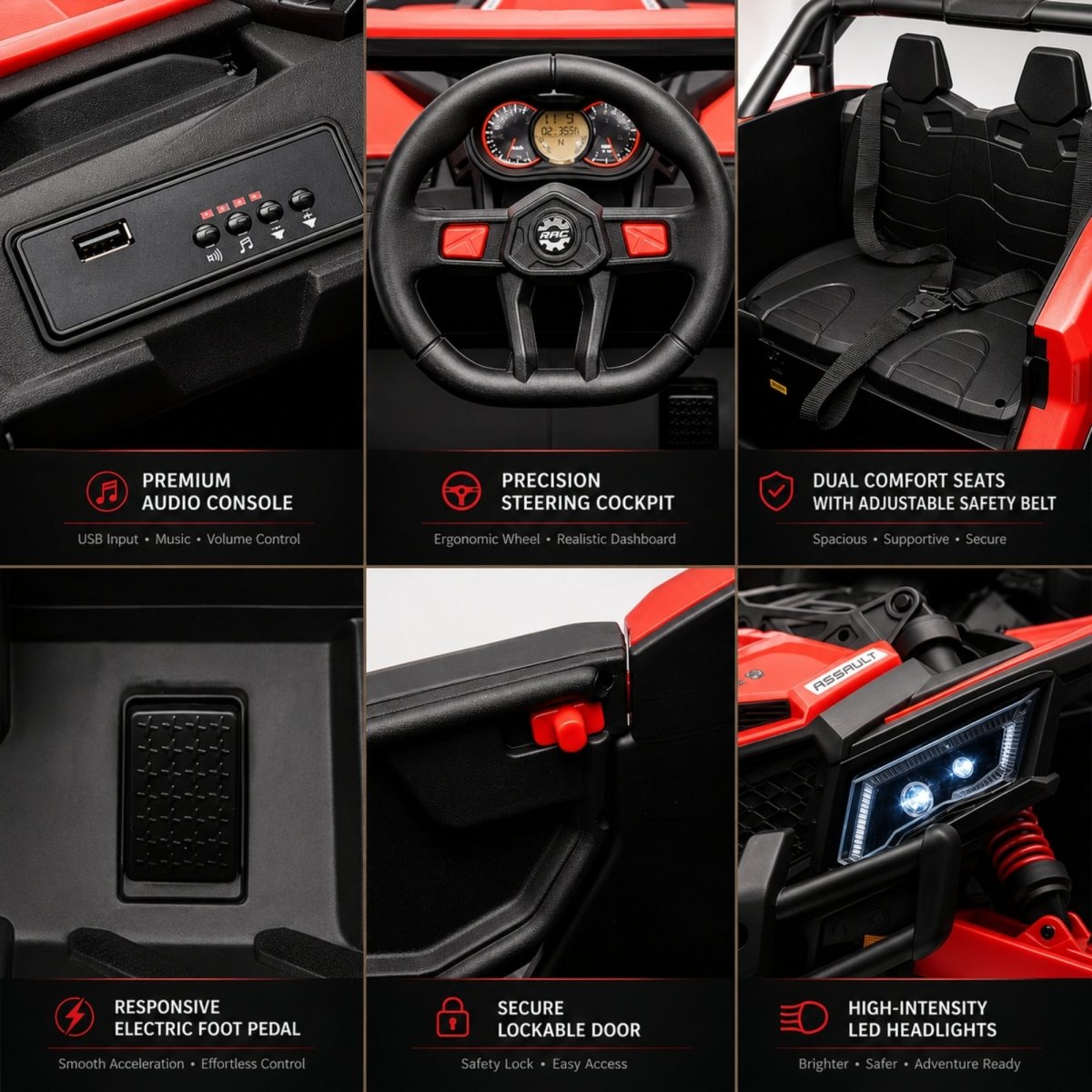 Six-panel grid showing features of a kids' electric toy UTV including the audio console, steering wheel cockpit, dual seats with safety belts, foot pedal, lockable door, and LED headlights.