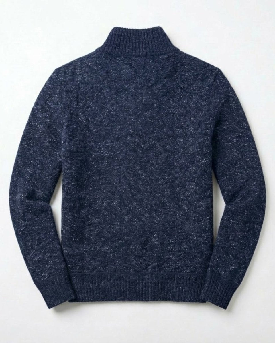 Flatlay product shot of the back of the Elyson navy blue marl pullover sweater, showcasing the continuous textured weave.
