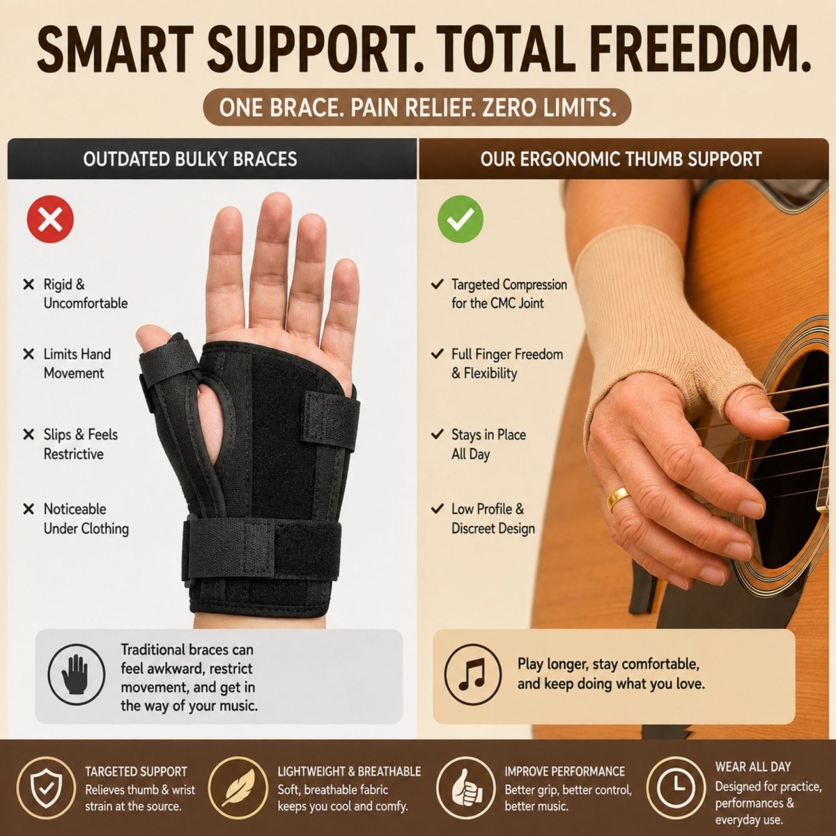 A promotional comparison graphic for a thumb support brace. The left side shows a hand wearing a black traditional brace and lists its drawbacks, while the right side shows a hand wearing a beige ergonomic thumb support brace and lists its benefits.