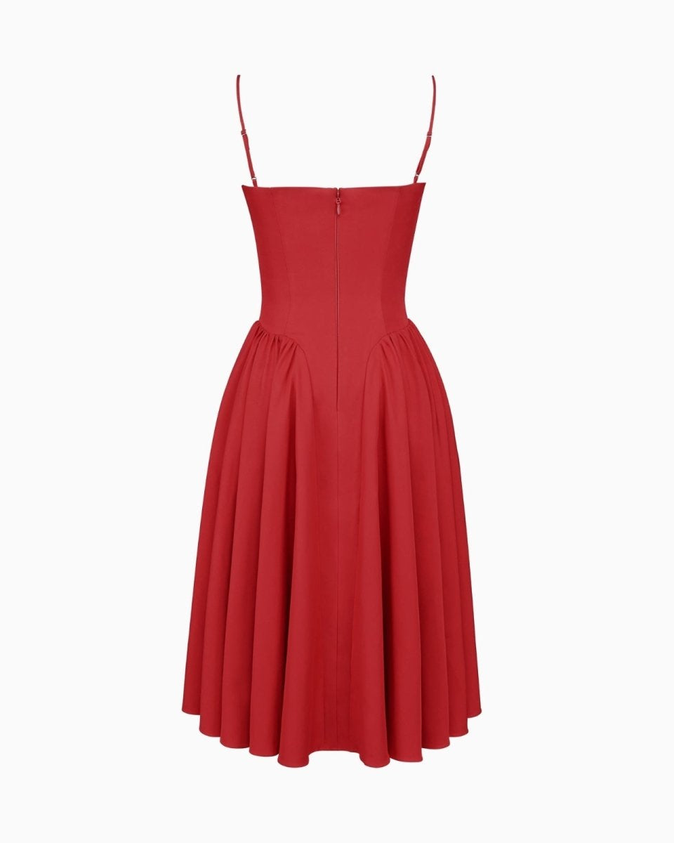 Rear studio product shot of the Evdokia red midi dress showing the back construction and zipper.