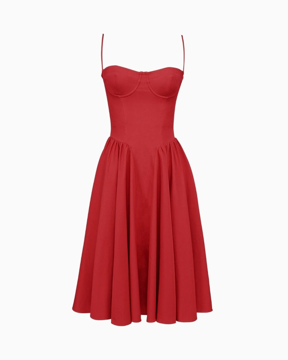 Studio product shot of the Evdokia red bustier midi dress against a white background, highlighting the structured bodice and fabric texture.