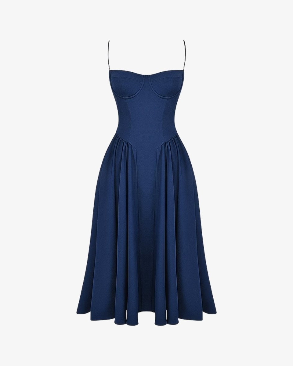 Product-only image of the navy Evdokia corset dress against a white background, showcasing its shape and structure.