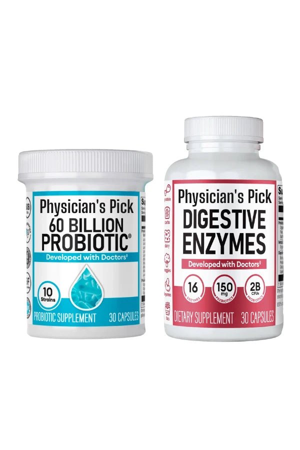 Two bottles of dietary supplements, one labeled as 'Physician's Pick 60 Billion Probiotic' and the other as 'Digestive Enzymes'. Both are white bottles with blue and red label text respectively.