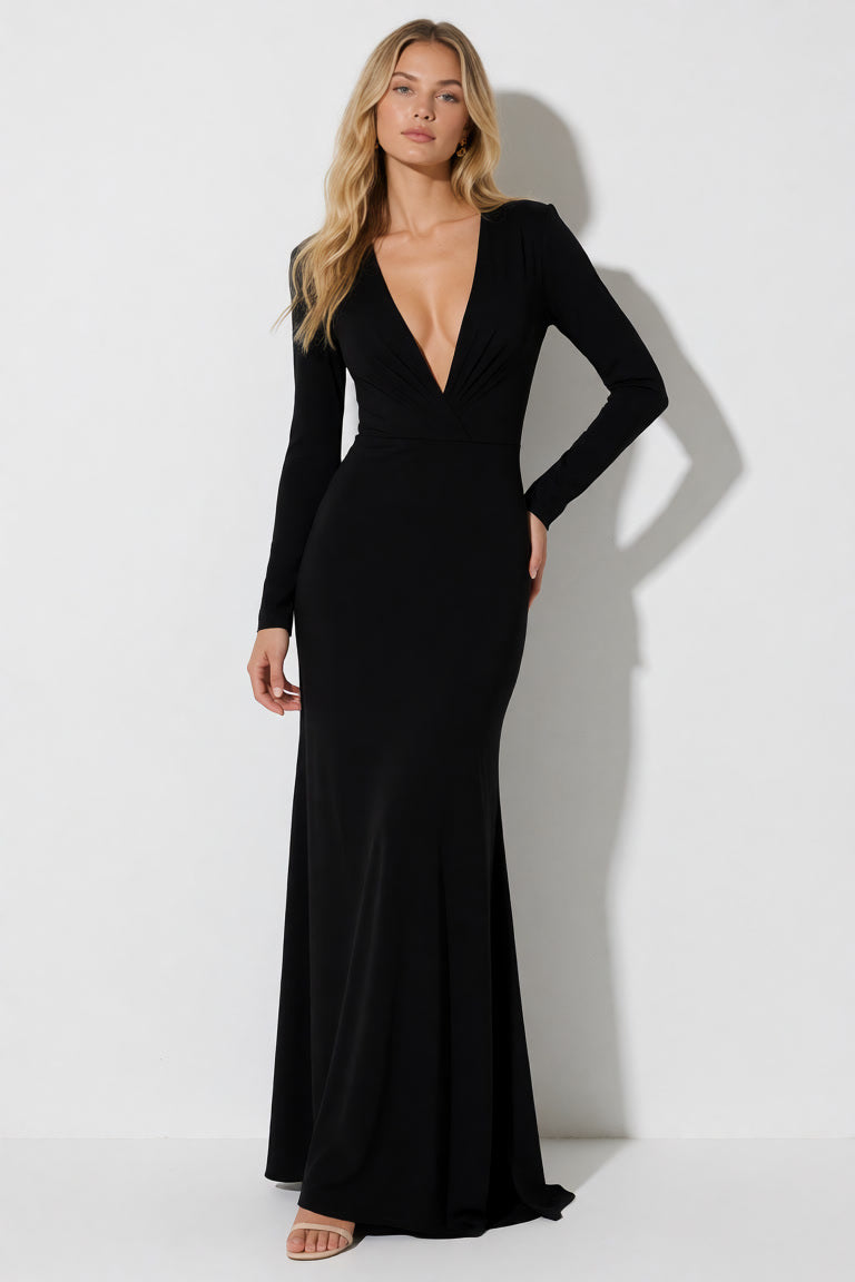 Betty – Robe longue drapée à manches longues et fente haute