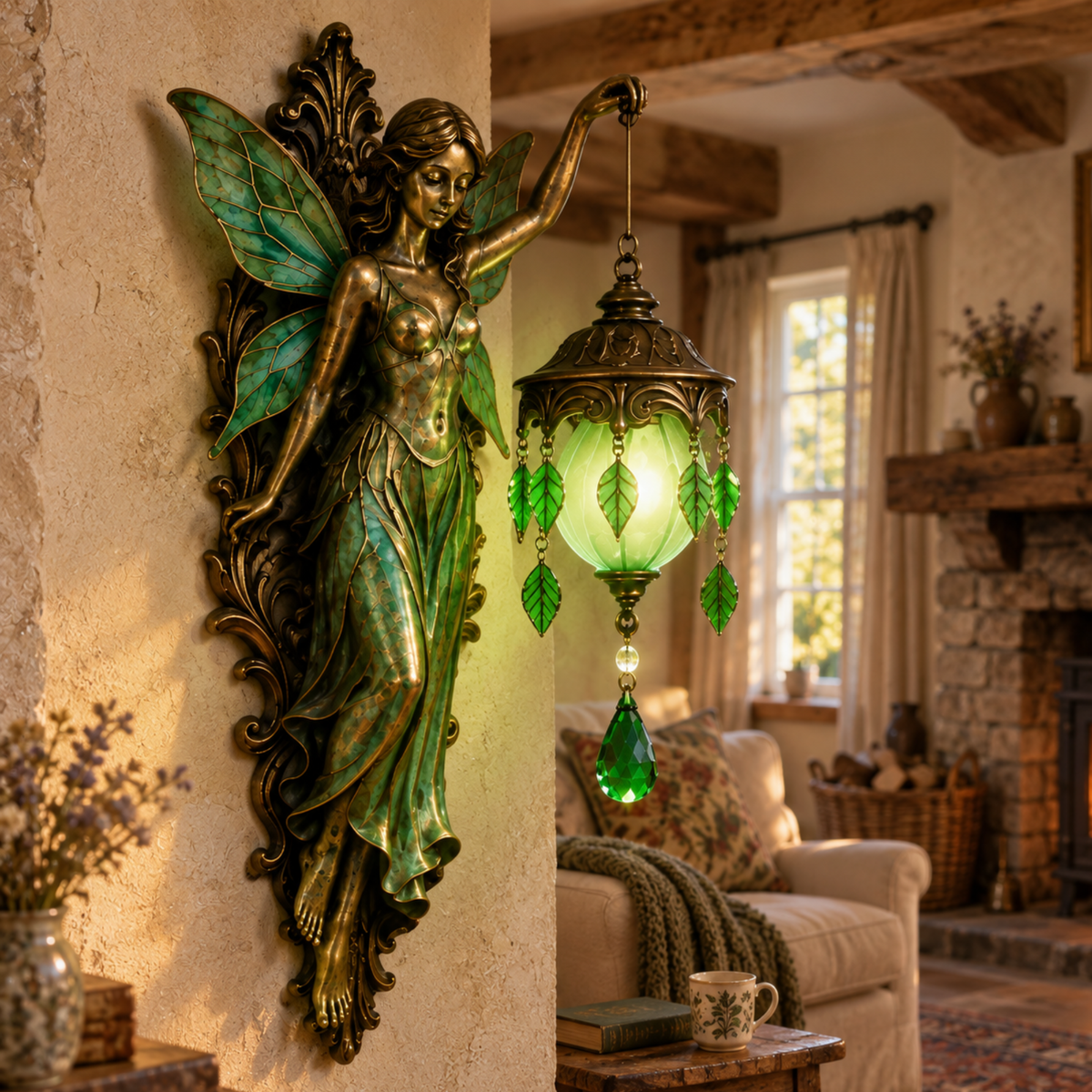 Product dimensions for a bronze fairy wall sconce holding a green lantern, showing a height of 19 cm, length of 10 cm, and width of 9 cm.