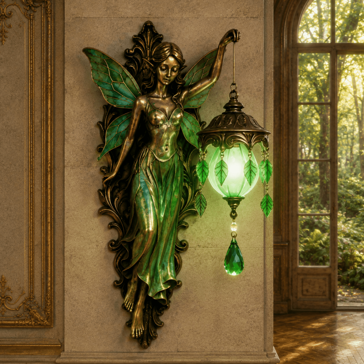 A decorative wall sconce featuring a bronze fairy figure with green wings holding a glowing green glass lantern, mounted on a beige wall beside a window showing a forest view.