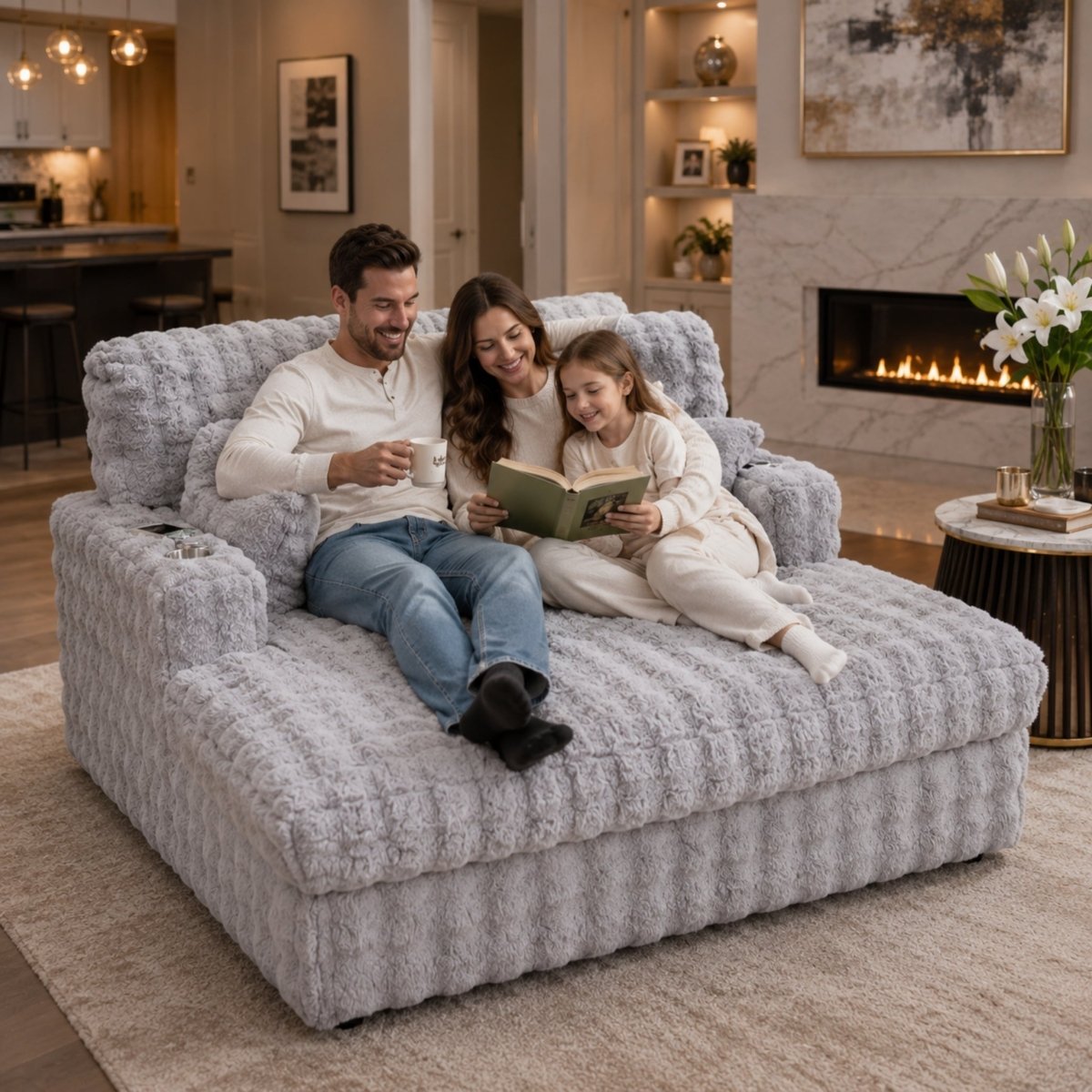 Family of three comfortably reading and lounging together on the large cloud-like luxury sleeper loveseat
