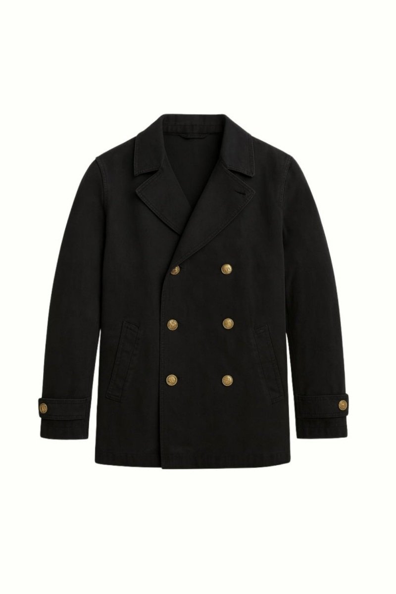 A black double-breasted blazer jacket with gold buttons, displayed on a clean white background.