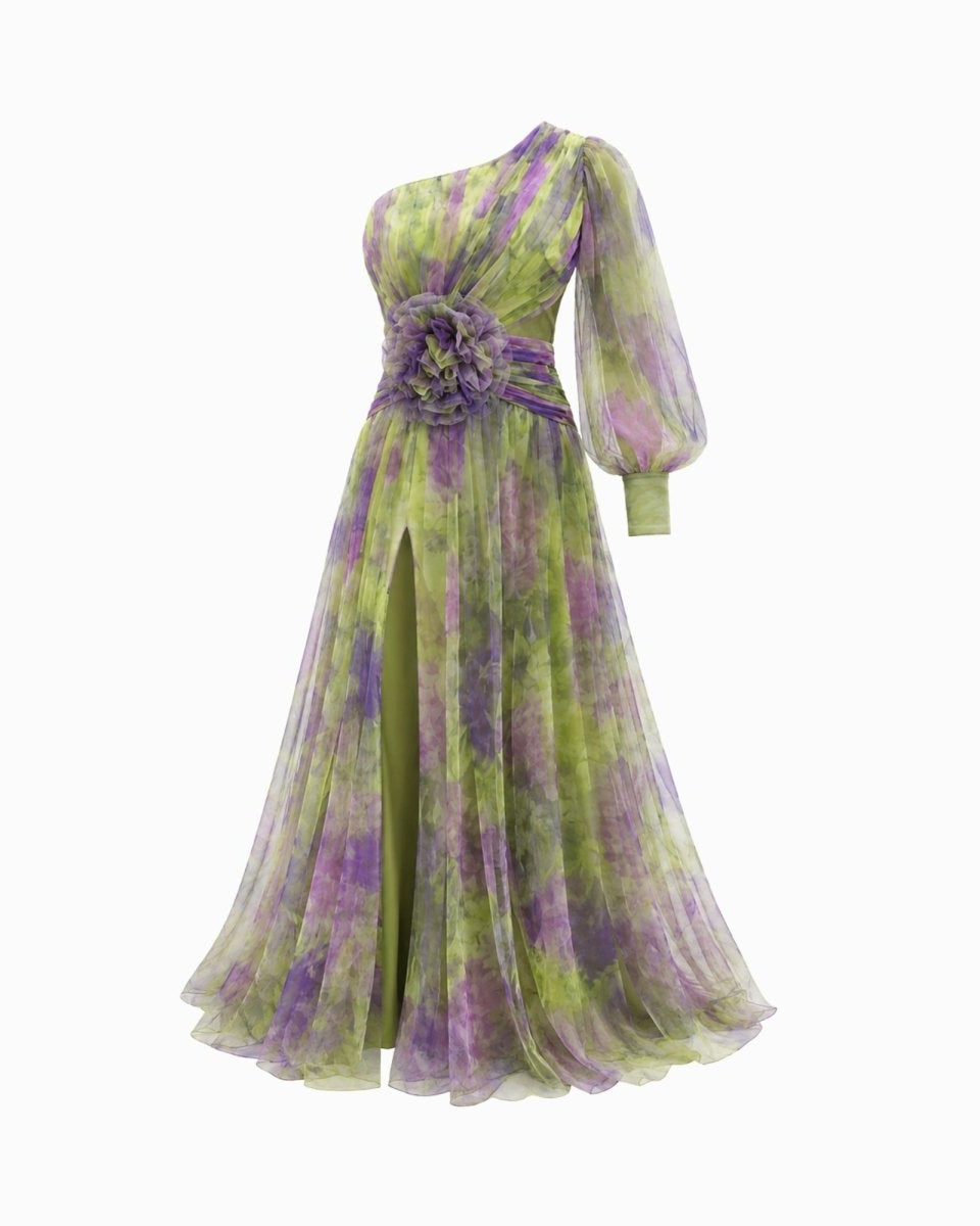 Green and purple floral-patterned dress on a white background