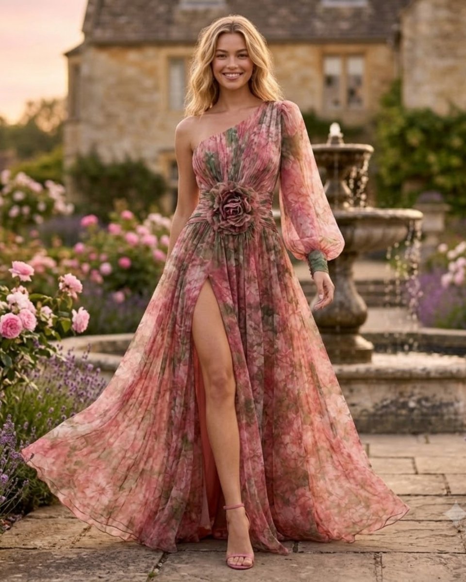 A woman stands outdoors in a stone garden courtyard wearing a flowing one-shoulder maxi dress with a floral print in pink, red, and green tones. The dress has a high slit, long sheer sleeves, and a structured bodice with a floral applique at the waist.