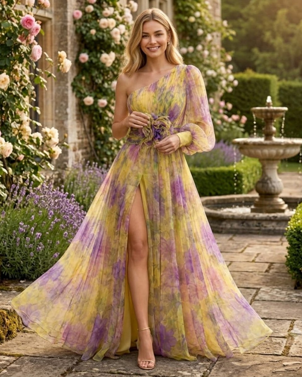 A woman stands in a garden courtyard wearing a flowing one-shoulder maxi dress with a yellow and purple watercolor-like print. The dress has long sheer sleeves, a high slit, and a floral waist detail.