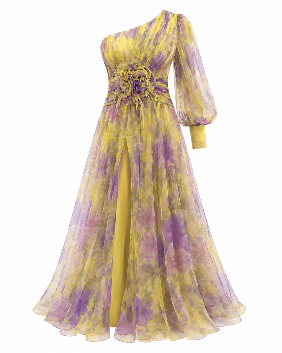 Yellow and purple floral one-shoulder dress on a white background