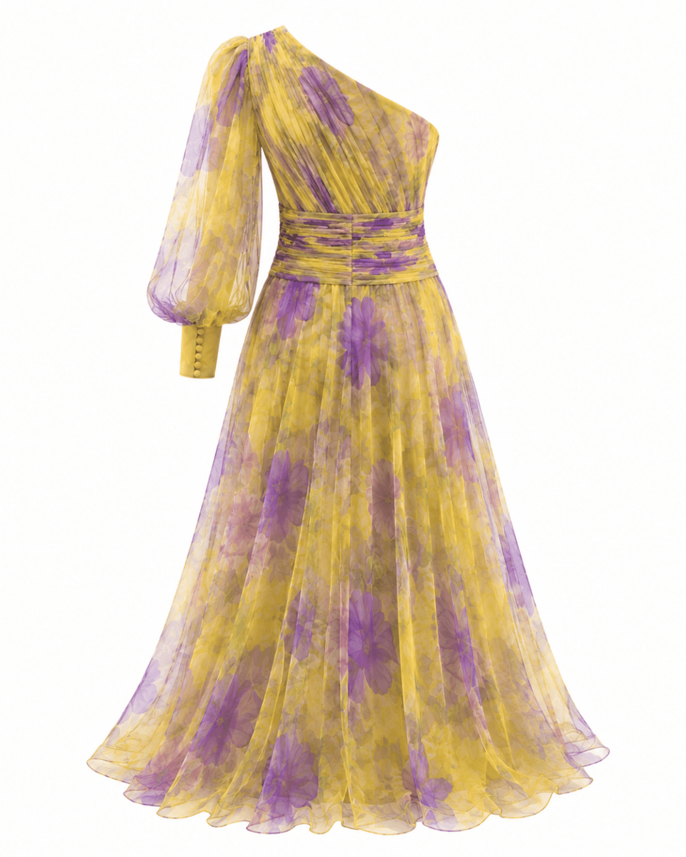 Yellow and purple one-shoulder dress on a white background