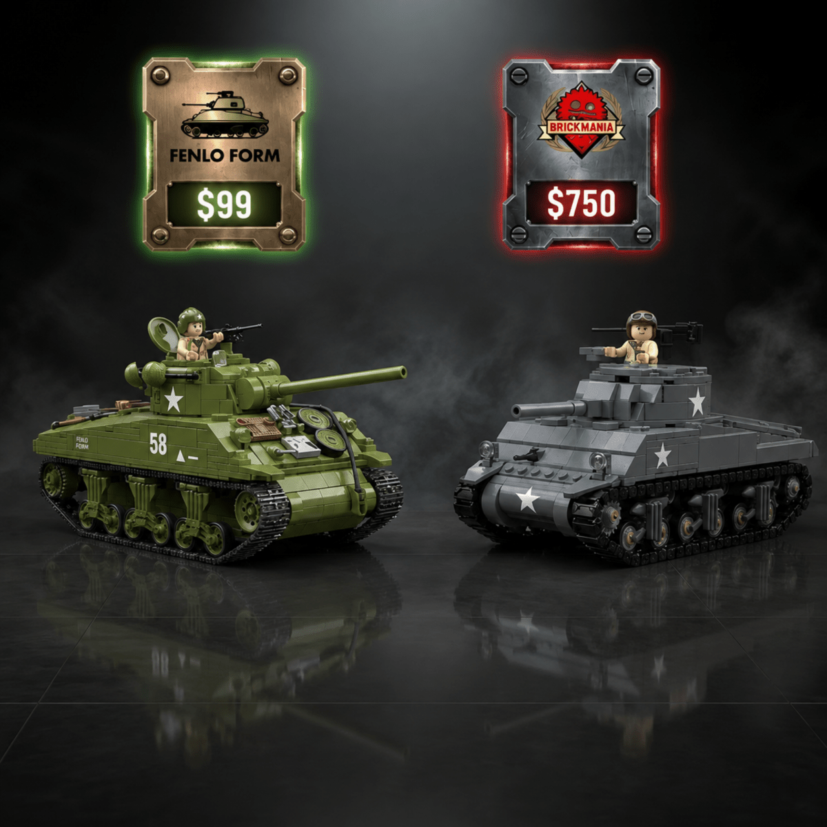 Two toy tank building blocks displayed on a dark reflective surface, with promotional price badges above each model. The left tank is olive green and labeled 'FENLO FORM $99'; the right tank is gray with a red 'TANK TITAN $750' badge above it.