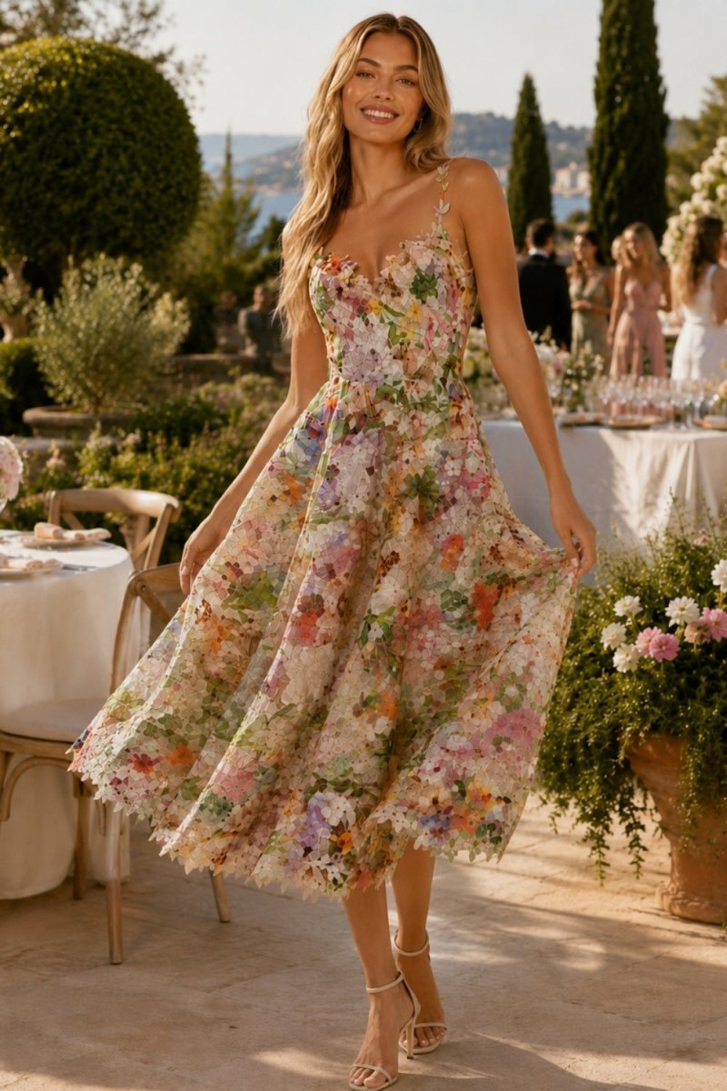 A woman wearing a sleeveless, floral midi dress with thin straps and a V-neckline, captured in a sunlit outdoor garden party setting.