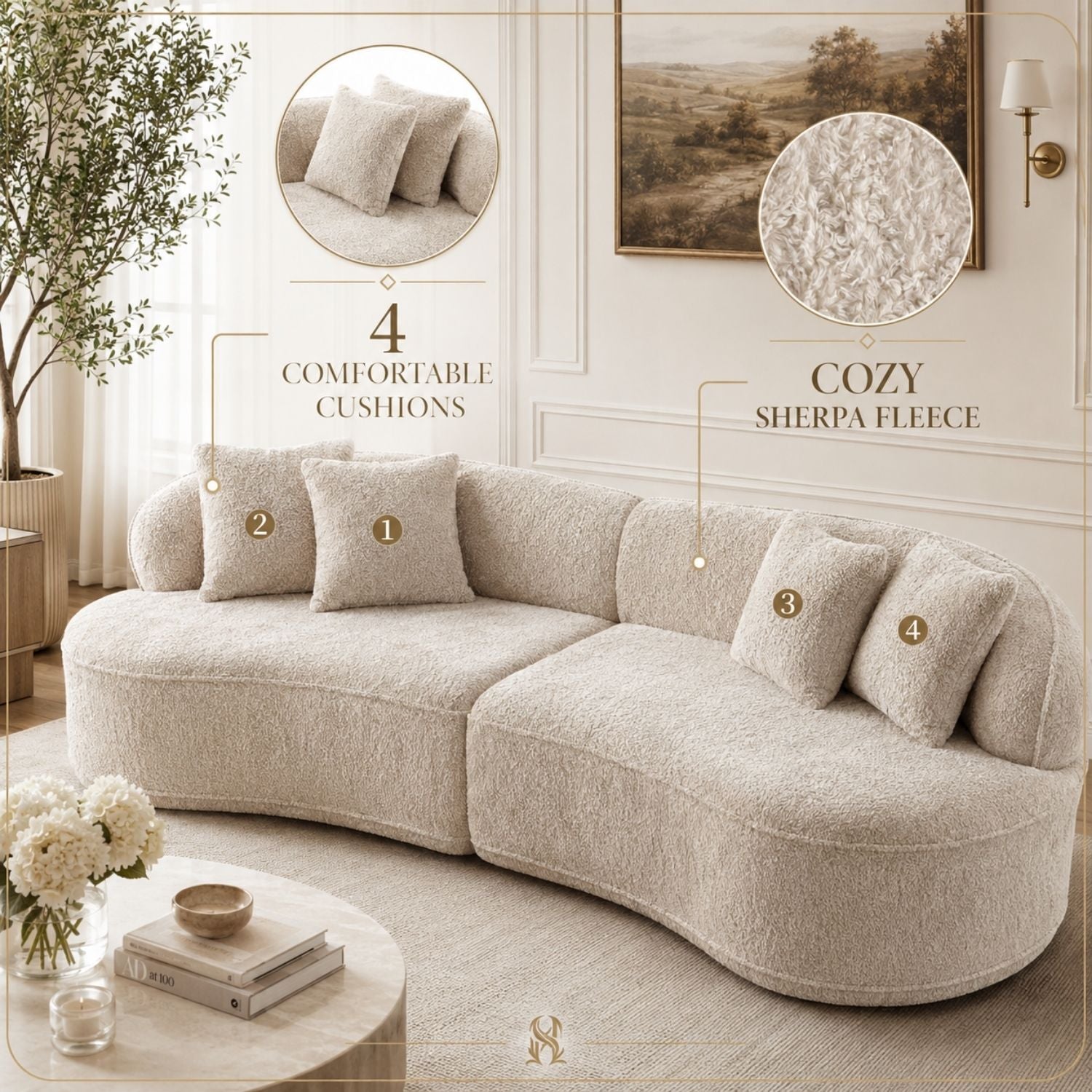 A curved upholstered sofa in a warm light beige sherpa-like fabric, shown in a styled living room with decorative pillows, a coffee table, flowers, and wall art. Callout circles and text highlight the sofa's cushions and sherpa fleece texture.