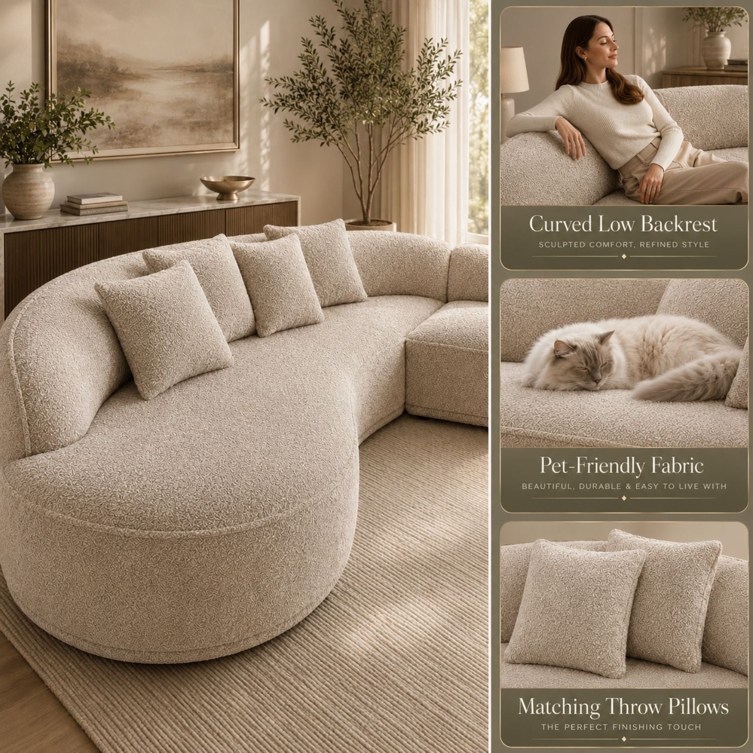 A curved low-backrest bouclé sectional sofa in a warm light beige/cream color, styled in a modern living room. The right side features three vertical inset panels demonstrating product features: a woman sitting on the sofa, a cat lying on the sofa, and a close-up of matching throw pillows.