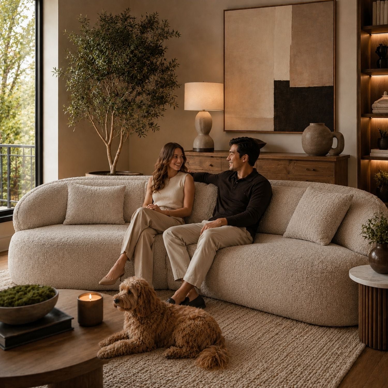 A man and woman relax on a curved, boucle-textured beige sofa in a warm, modern living room, with a fluffy dog lying on the rug in the foreground. The room features warm neutral tones, a wooden console table, a large abstract painting, and a tall potted tree.
