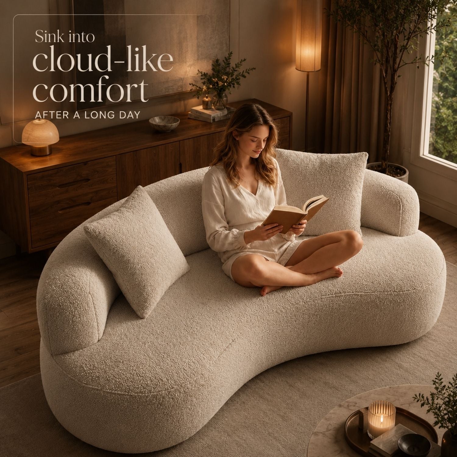 A woman sits cross-legged on a curved, plush cream bouclé sofa in a warmly lit living room, reading a book. The sofa is the main product, shown in a styled home interior with wooden furniture, lamps, and a window.