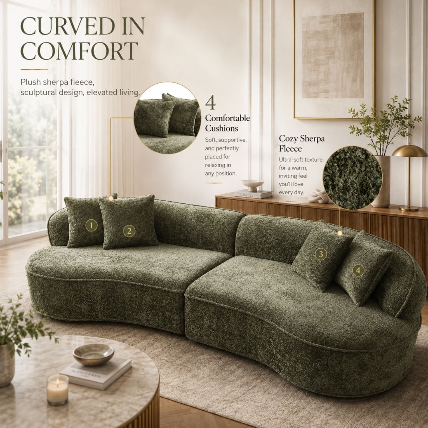A curved upholstered sofa in a warm beige living room setting, shown with decorative pillows and informational callouts about comfort and fabric texture.