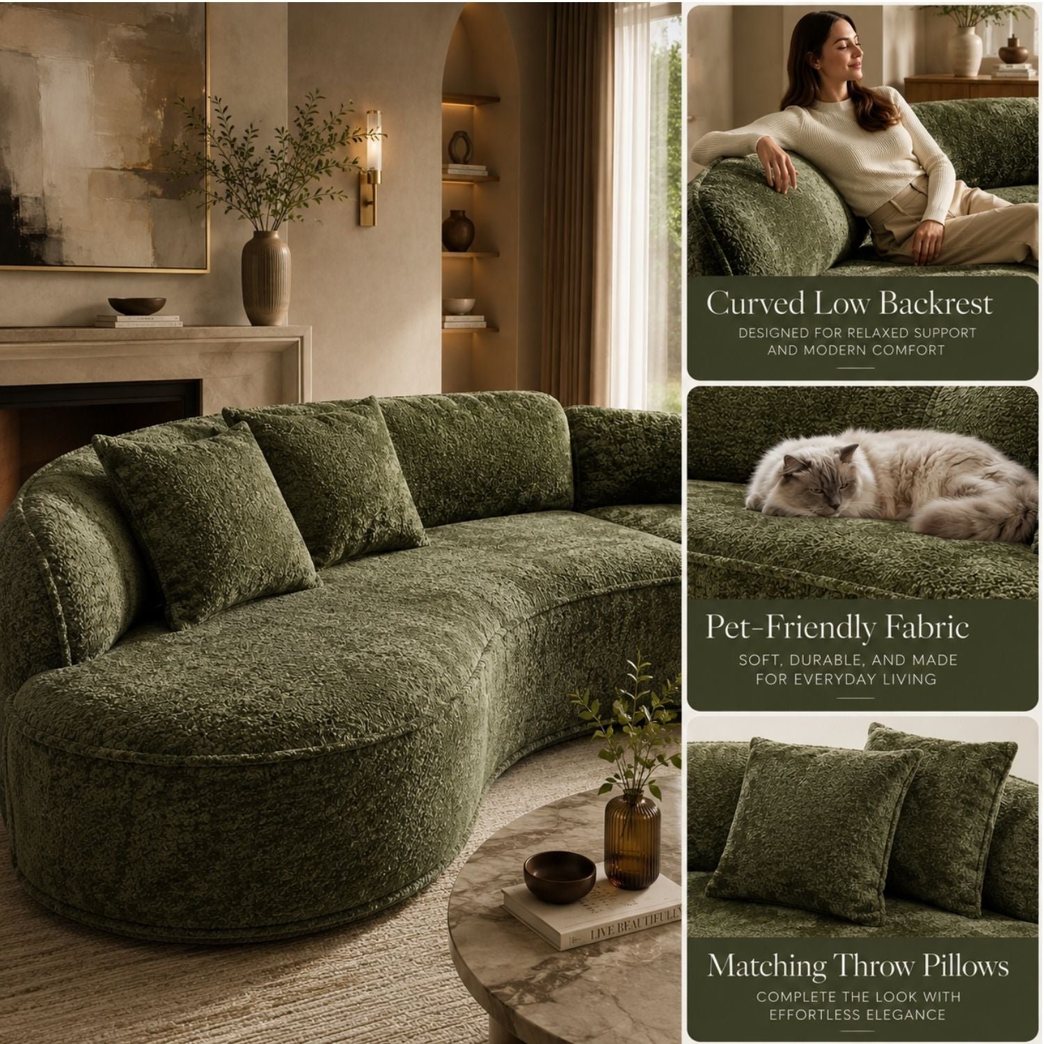 A curved upholstered sofa in a warm beige living room, shown with matching throw pillows. The sofa fabric is a textured, shaggy olive green.