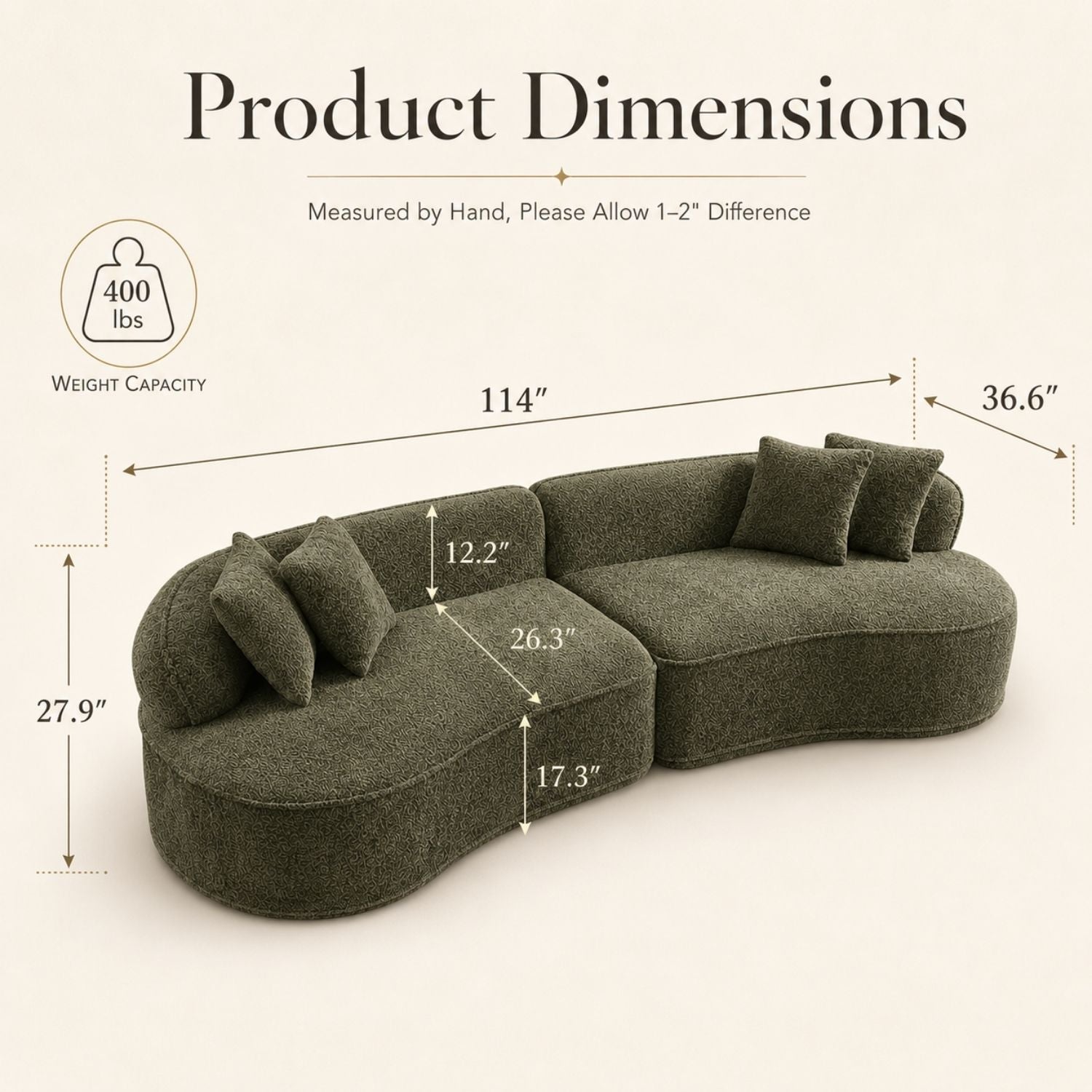 A curved sectional sofa in dark olive green fabric shown with overlaid dimension lines and text reading 'Product Dimensions' on a light beige background.