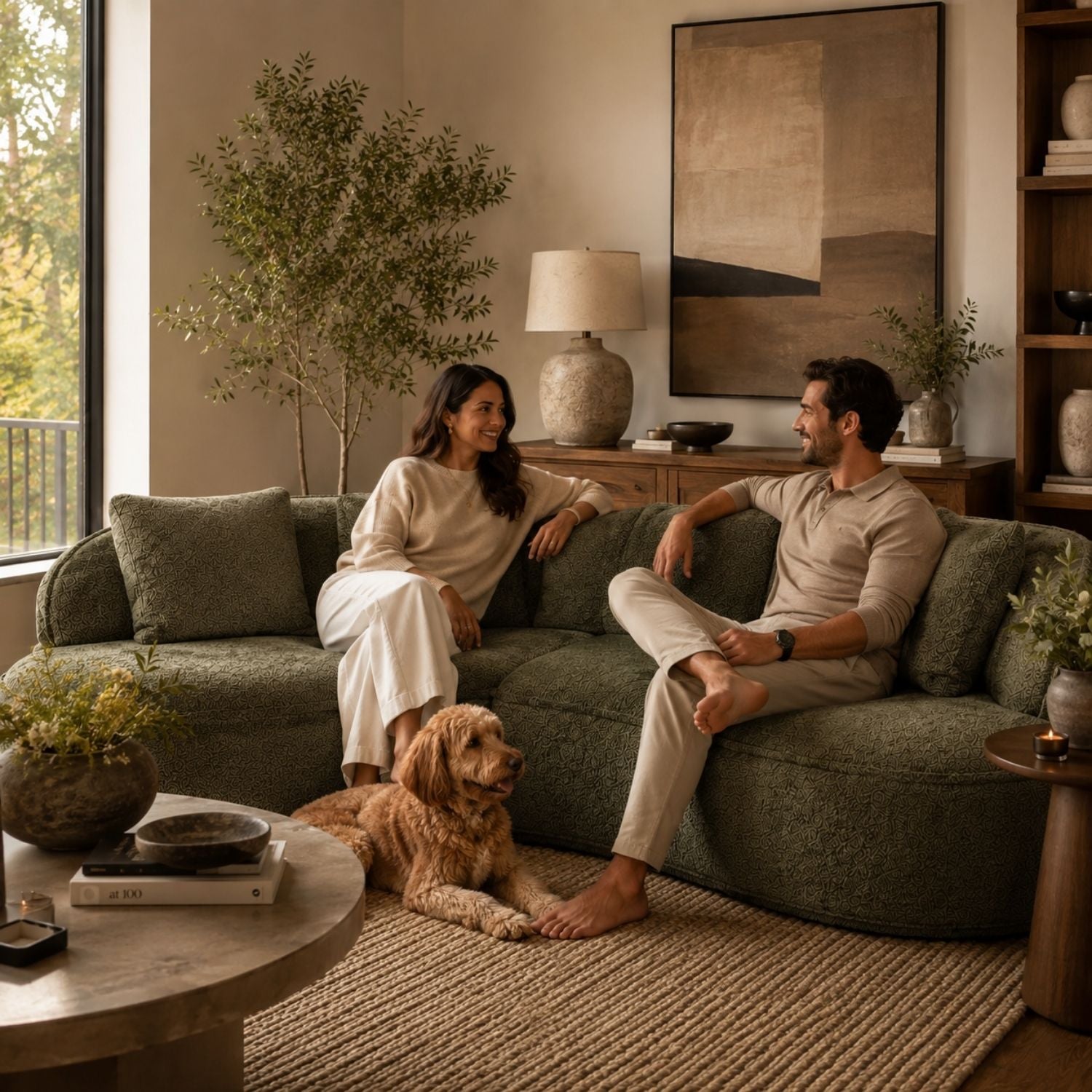 A man and a woman relax on a plush olive green sectional sofa in a warm, modern living room, with a golden dog lying on the woven rug in front of them.