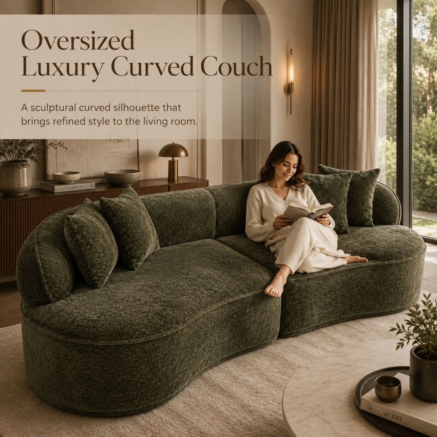 A woman sits on a large, oversized curved sofa in a luxurious living room. The sofa is upholstered in a textured, dark olive-green bouclé fabric.