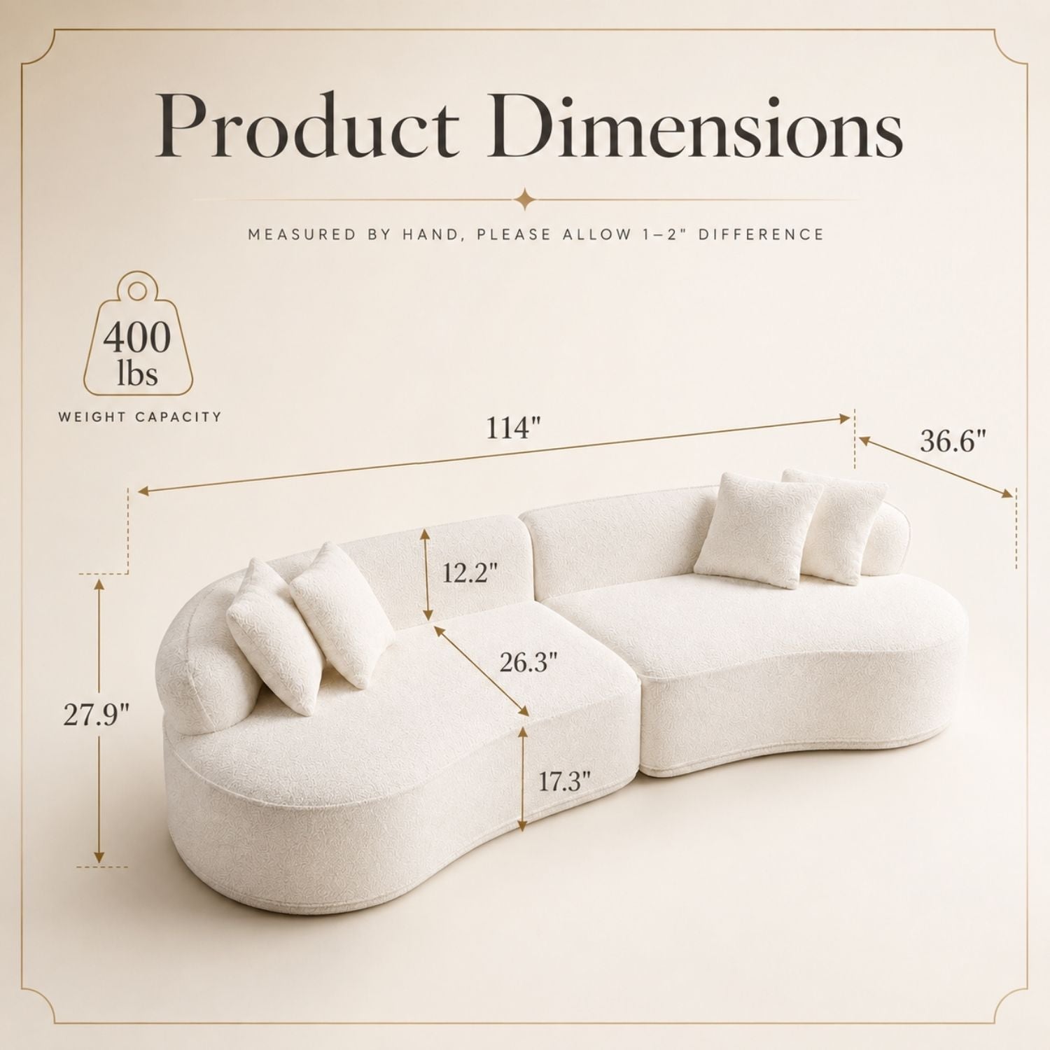 Product dimensions diagram for a curved modular sofa in a warm off-white fabric, showing measurements for length, height, and depth, along with a 400 lbs weight capacity icon on a beige background.